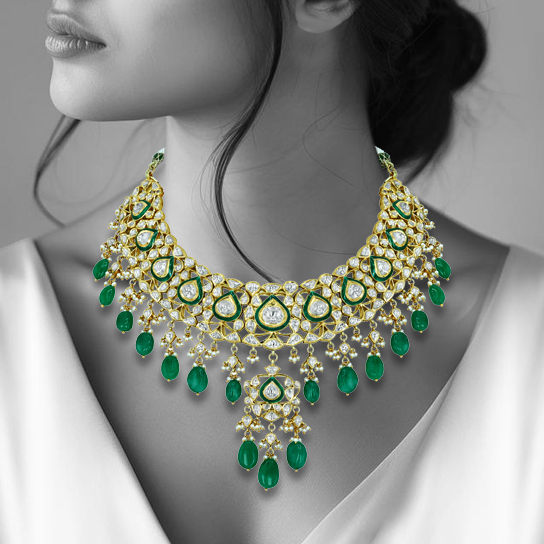 Pear Shaped Polki Choker with Emerald Drops and Cascading Design